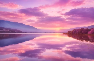 Fototapeten Clouds in shades of pink mirrored in the still waters of the lake © WrongWay