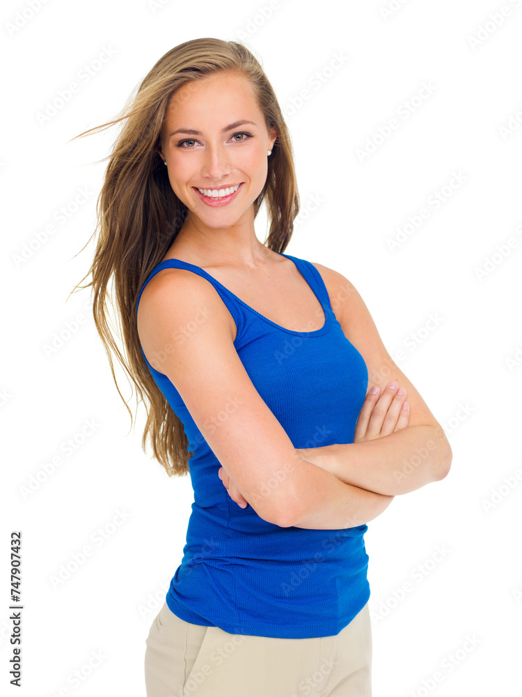 Wall mural Portrait, smile and trendy with woman arms crossed in studio isolated on white background. Fashion, happy and confidence with young person in vest or tank top to model casual clothing outfit