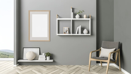 frame mockup minimalist grey gallery room interior, featuring a sleek drawer unit