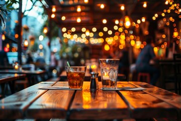Warm bokeh lights drape over a rustic outdoor cafe scene, creating a cozy dining atmosphere at twilight - obrazy, fototapety, plakaty