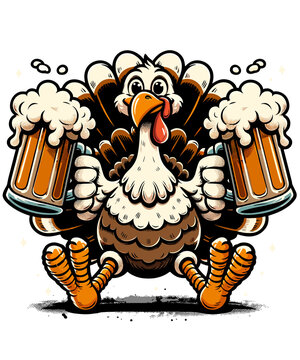 Thanksgiving Funny Turkey Holding Beer Glasses Clipart, Cartoon Turkey With Pilgrim Hat, Png Transparent Background