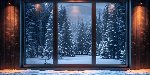 View through the window of a cottage into a snow covered winter forest Created, Frozen snowy winter scene through window, 
