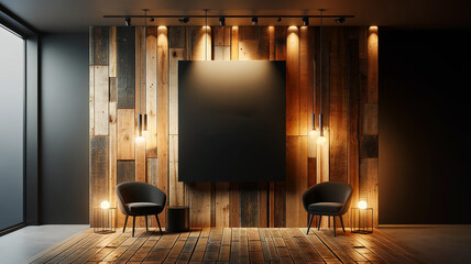 black mockup sign is attached to a rustic wooden wall.