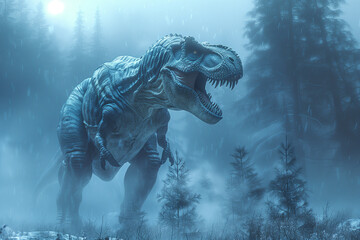 Tyrannosaurus rex is walking in prehistoric forest in snowfall scene