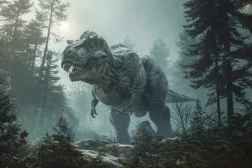 Fotobehang Tyrannosaurus rex is walking in prehistoric forest in snowfall scene © stockdevil