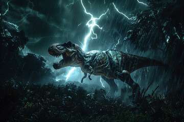 Tyrannosaurus Rex in dramatic scene unfolds amidst a raging thunderstorm - obrazy, fototapety, plakaty