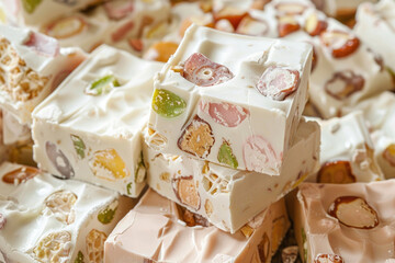 Background with white nougat sweets with nuts and candied fruits