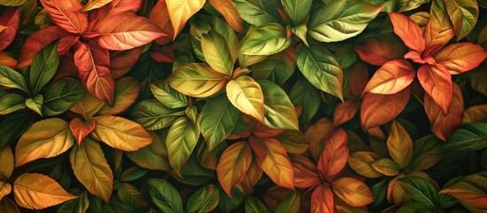 A cluster of leaves, vibrant in color, displayed on a wall in a serene park setting. The leaves create a captivating texture against the background.