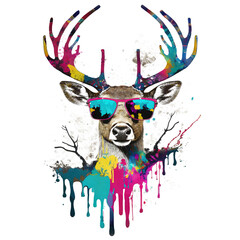 Colorful cool deer head wearing sunglasses for Sublimation Printing, Deer T-shirt Design Clipart, DTF DTG Printing, Deer Png, Hip hop Design
