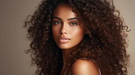 Fototapeten Beautiful African woman with curly brunette hair and dark skin. © Zaleman
