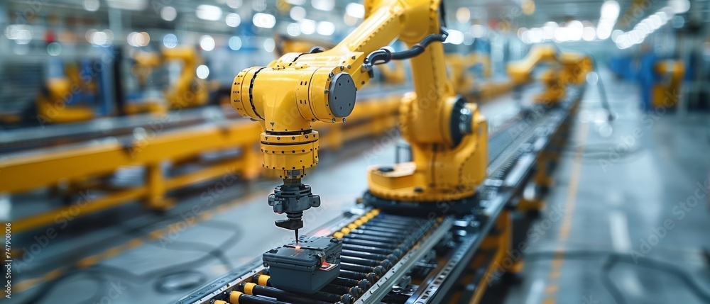 Leinwandbilder Using smart robot arms for digital factory production technology, industry 4.0 or 4th industrial revolution automation is shown, along with IOT software for controlling operations.
