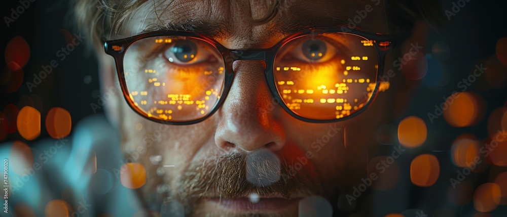 Aufkleber A man uses a laptop computer to analyze and develop various information on a futuristic screen using algorithms and deep learning.