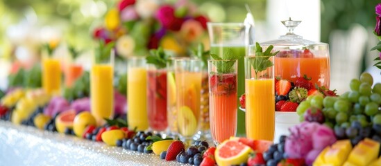 Obraz na płótnie Canvas A colorful table arrangement showcasing a row of glasses filled with various types of freshly squeezed fruit juices, each garnished with matching fruit pieces. The vibrant display offers a delightful