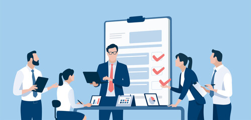 Checklist. The team checks items of an agreement, contract. Vector illustration
 - obrazy, fototapety, plakaty