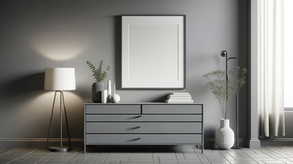 designed grey minimal room interior showcasing a mock-up photo frame on a wall-mounted