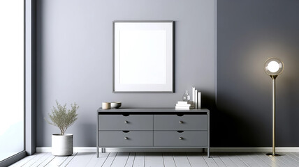 frame mockup minimalist grey gallery room interior, featuring a sleek drawer unit