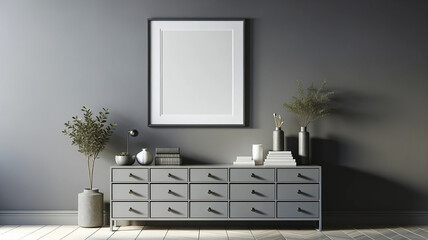 designed grey minimal room interior showcasing a mock-up photo frame on a wall-mounted