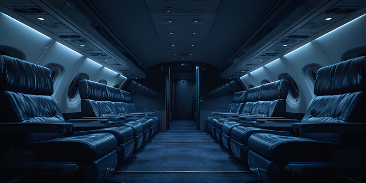 Interior of an airplane with black seats and blue lights a view of the dark room Ai Generative