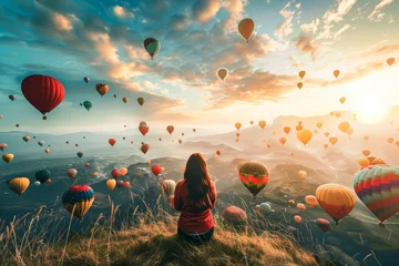 Foto op Plexiglas A breathtaking image of numerous colorful hot air balloons floating over a serene mountain landscape at sunset © Radomir Jovanovic