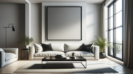 blank mockup poster frame hangs over a modern living room. Chic and spacious