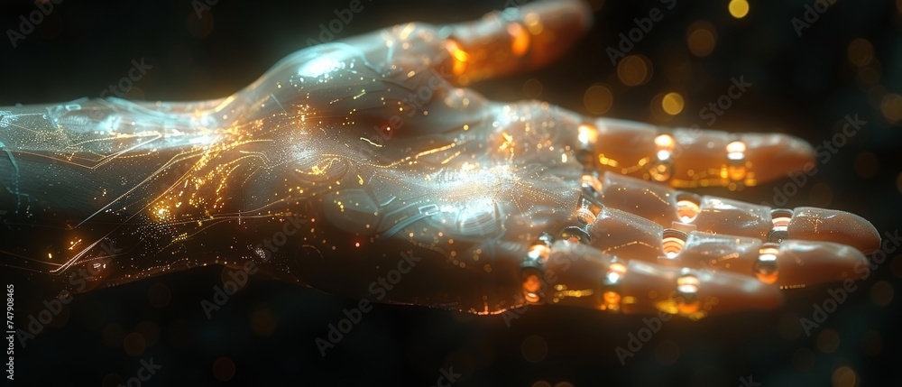 Poster in this artificial intelligence, future technology and business concept, a robot is holding a human 