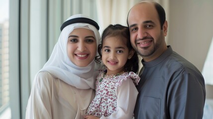 Photo of happy Arabic parents posing with their little daughter