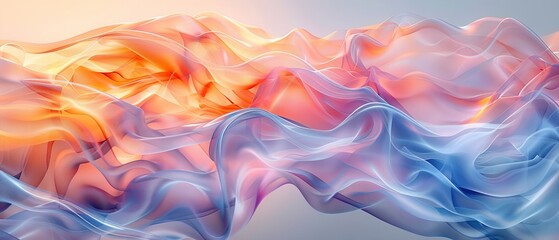 Translucent Glass Ribbons Merge with Dynamic Holographic Waves on a Serene White Abstract Canvas, Creating an Enchanting Banner Background