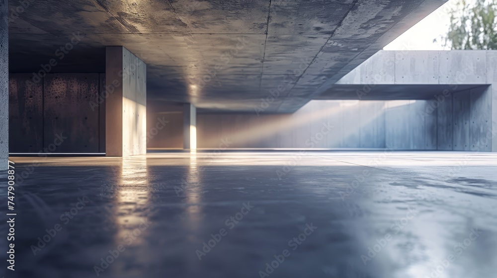 Poster an empty concrete floor and a modern architecture scene in 3d.