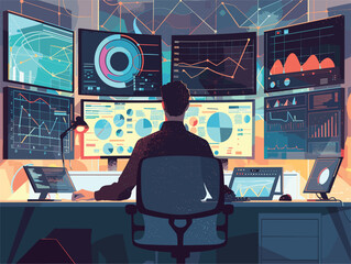 A musician is sitting in front of a desk with a laptop and multiple computer monitors, surrounded by audio equipment and gadgets for entertainment