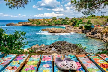 A breathtaking coastal view from a vibrant, artistically painted wooden table with shoes overlooking a tranquil bay - obrazy, fototapety, plakaty