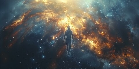 Human figure floating in vast empty cosmos surrounded by stars and galaxies. Concept Cosmic Exploration, Space Phenomena, Astral Vision, Celestial Wonders, Interstellar Marvels - obrazy, fototapety, plakaty