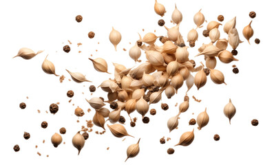 A pile of various seeds is shown being thrown into the air, creating a dynamic and chaotic scene. Seeds are dispersing in all directions, captured in mid-air as they fall from their original location.