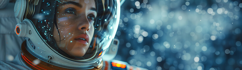 Female astronaut in a space helmet against bokeh background. Space exploration concept. Banner with cipy space for Cosmonautics Day event.  - obrazy, fototapety, plakaty