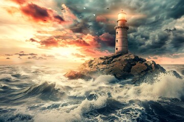 A single lighthouse stands resilient against the punishing waves and a dramatic sunset sky, a metaphor for guidance and hope