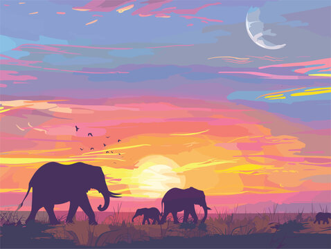 Elephants strolling under the painted sky at sunset in a vast natural landscape, with clouds drifting by and the moon rising as dusk approaches