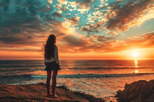 A thoughtful woman standing on a cliff watching a stunning sunset over the ocean