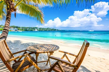 A serene and inviting image of a beachfront setup with a wooden chair and table under a palm tree, facing a turquoise sea