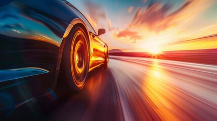Dynamic image of a sports car speeding along a highway at sunset, showcasing motion and performance. - obrazy, fototapety, plakaty