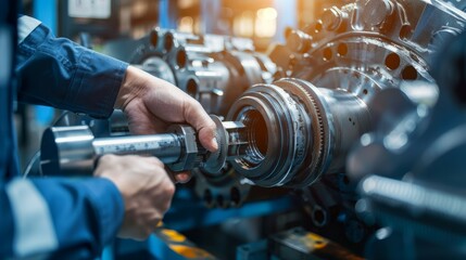 An engineer meticulously measures machinery parts with a caliper in an industrial setting.