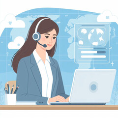 Professional woman working in a call center, vector illustration