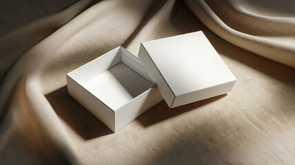 blank white flat square gift box, featuring both an open and a closed hinged flap lid.