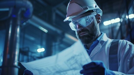 An attentive engineer with a white hard hat and safety glasses is deeply focused on evaluating factory blueprints at night.