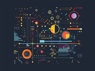 A visually stunning design featuring a symmetrical pattern of colorful lines and circles on a dark background, inspired by electronic engineering and audio equipment
