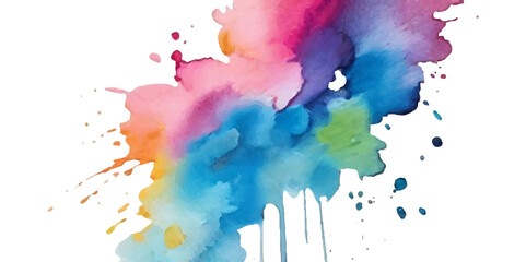 Bright colorful watercolor splash splatter stain brush strokes on white background. Modern vibrant aquarelle spot. Rainbow trendy isolated design on white. Element. Vector watercolor illustration.	