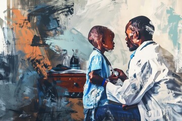 A visually striking digital artwork portraying two children in oversized doctor's coats with stethoscopes, facing each other