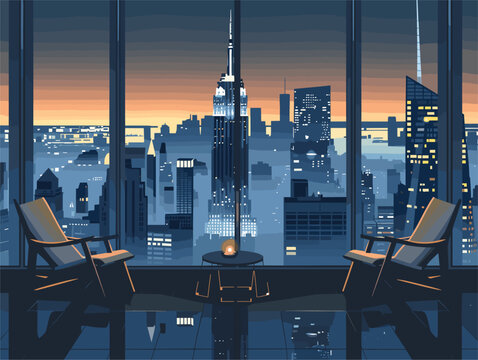 A Room Overlooking The City Skyline At Night, With Two Chairs And A Table. Enjoy The View Of Skyscrapers, Tower Blocks, And Condominiums Against The Dusk Sky