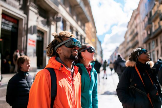 Young african american man with afro hairstyle wearing virtual reality glasses in the city
