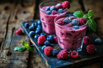 fresh raspberry and blueberry smoothie. juice with berries on a dark wooden background