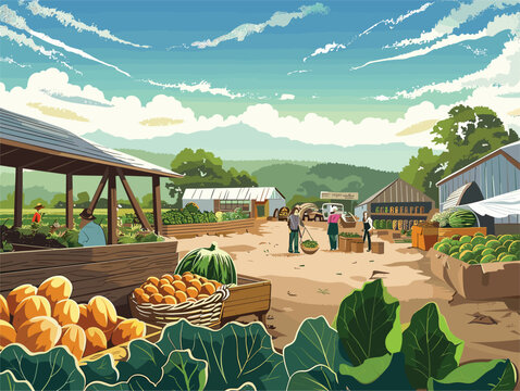 A serene painting capturing a farmers market overflowing with colorful fruits and vegetables under a picturesque sky with fluffy clouds, surrounded by lush trees and natural landscape