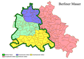Map of Berlin Wall course with small Districts (Ortsteile)